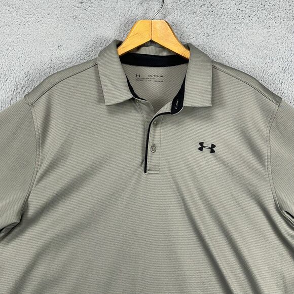 Under Armour Heat Gear Golf Polo Shirt Adult 2XL Gray‎ Pinstripe Logo Rugby Mens - Picture 1 of 9